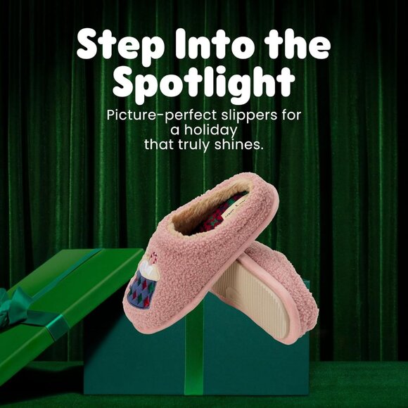 Women's Light Pink Christmas Holiday Fuzzy Cozy Novelty House Slipper Shoes - Picture 2 of 6